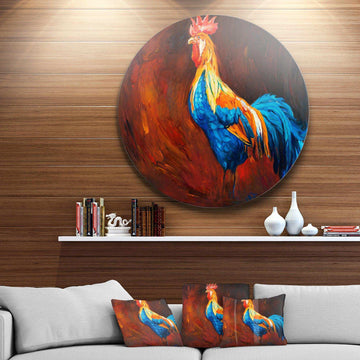 Blue and Orange Rooster - Animal Oversized Circle Metal Wall Art